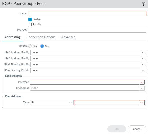 BGP Peer configuration - Addressing tab (Inherit No).
